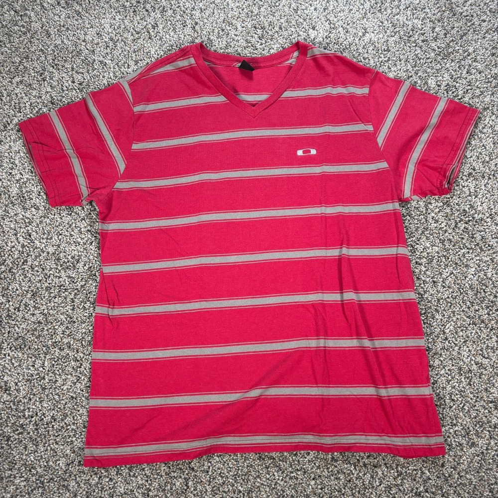 Oakley Men's XXL V-Neck T-Shirt Red Grey Striped Short Sleeve Logo Tee